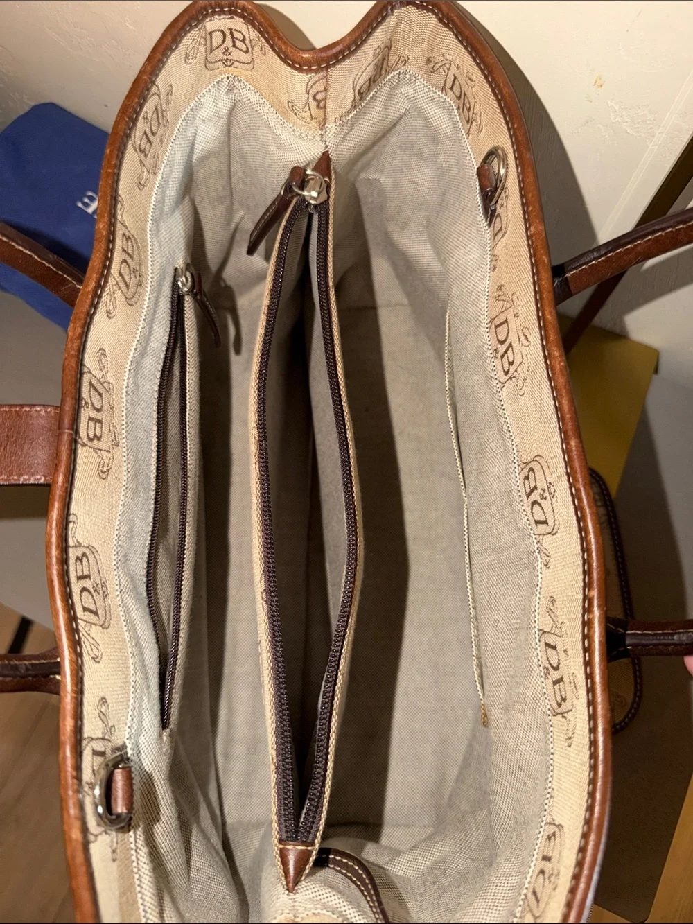 Dooney & Bourke Tan Canvas Messenger Bag with Brown Leather Trim